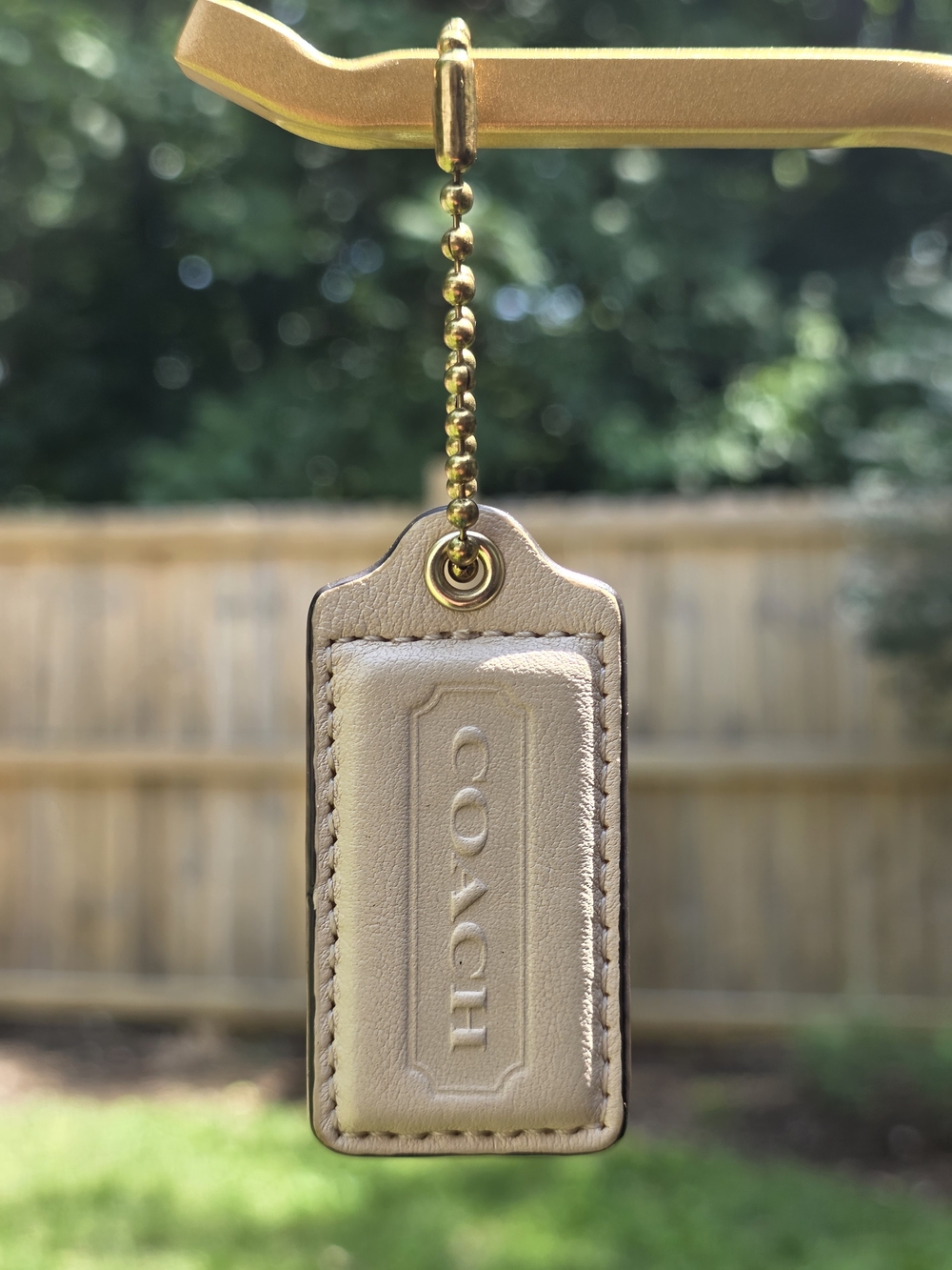COACH Large Beige Leather Hangtag with Brass Ball Chain